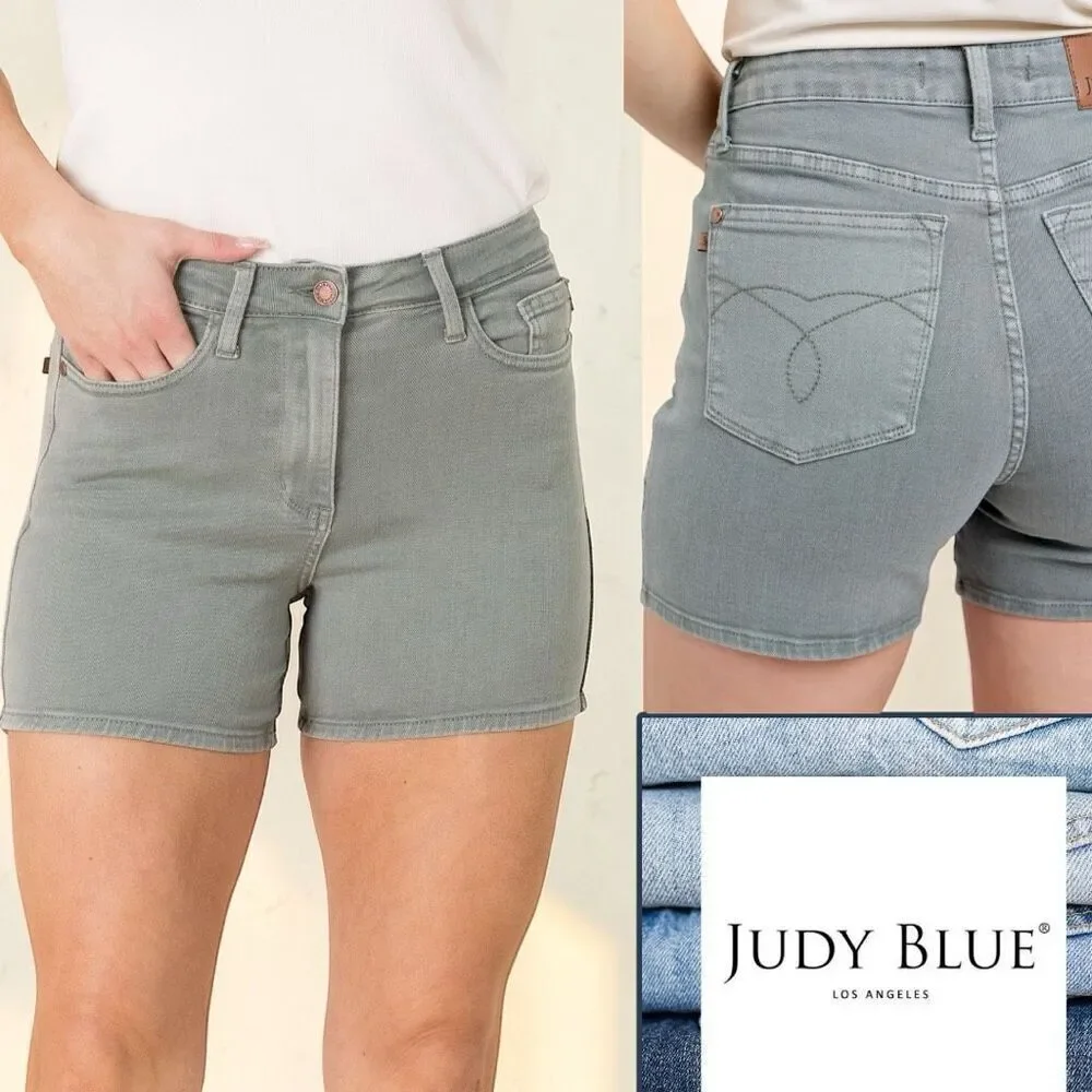 Judy Blue High Rise Stretch Denim Garment Dyed Shorts - Sage Green Large NWT
